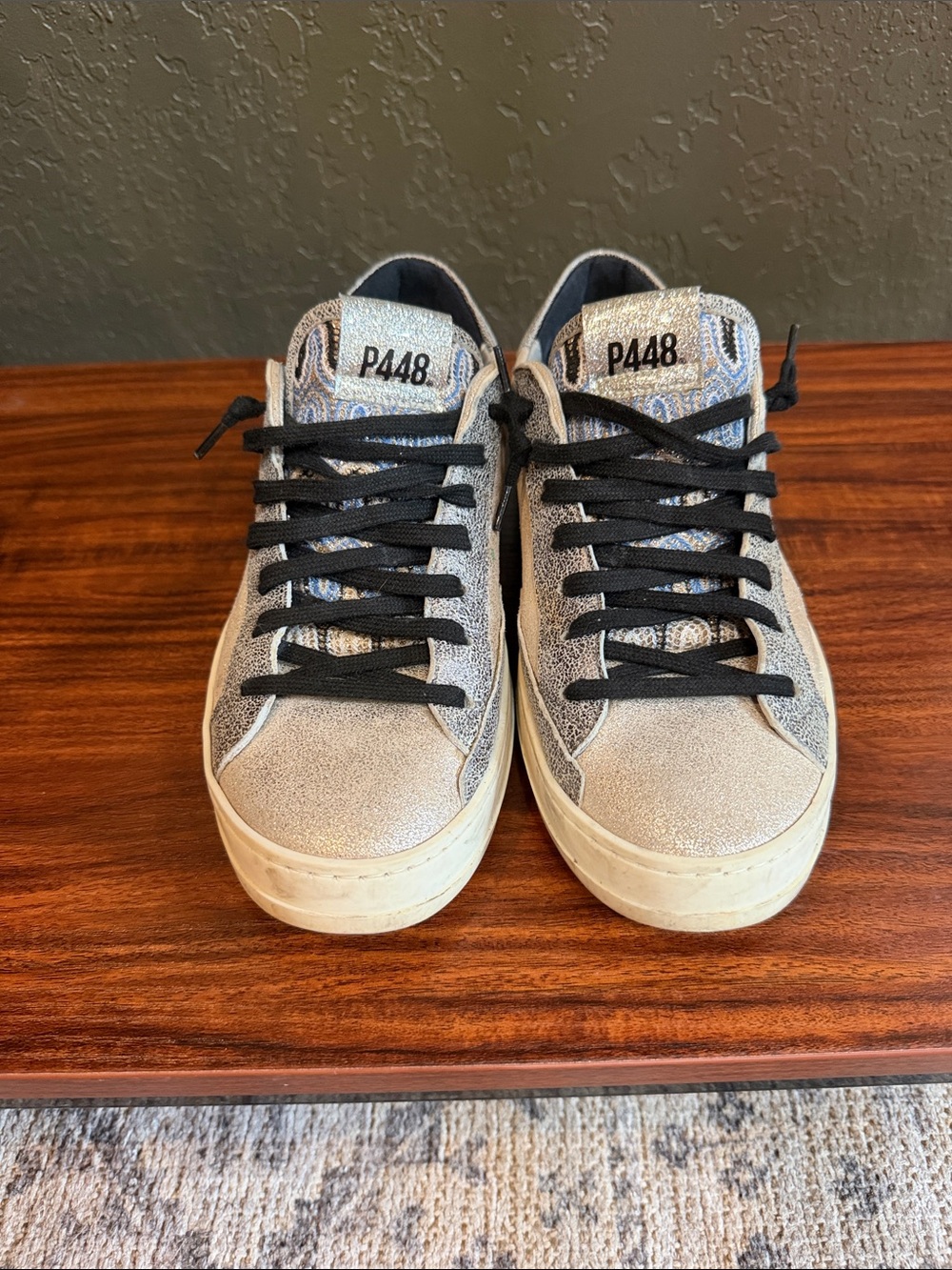 P448 women’s Silver Suede & Black Lace Low-Top Sneakers